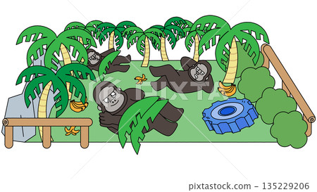 一幅大猩猩在樹蔭下打盹的插圖 135229206