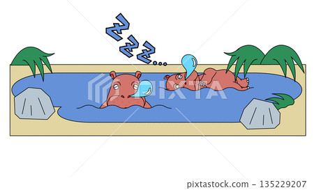 河馬和它的小寶寶在水邊睡覺的插圖 河馬和它的小寶寶在水邊睡覺的插圖 135229207