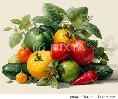 色彩繽紛的西紅柿和夏季蔬菜的自然靜物藝術 | 為健康生活方式增添色彩的完美之選 135229296