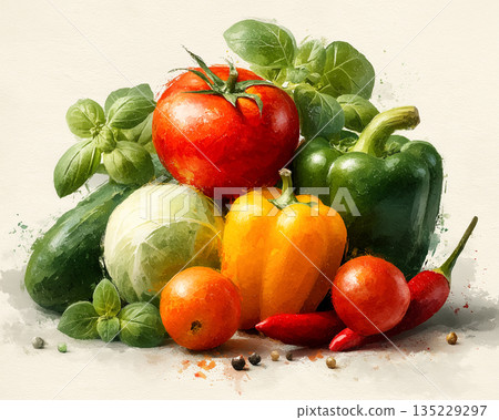 色彩繽紛的西紅柿和夏季蔬菜的自然靜物藝術 | 為健康生活方式增添色彩的完美之選 135229297