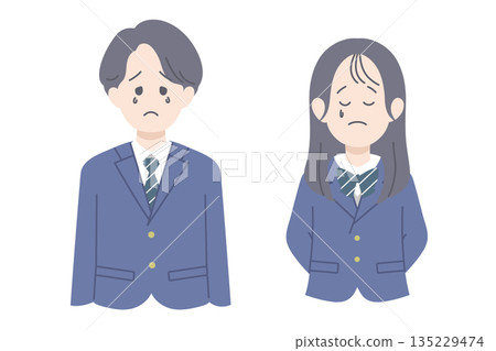 一幅描繪一男一女學生悲傷表情的插圖 一幅描繪一男一女學生悲傷表情的插圖 135229474
