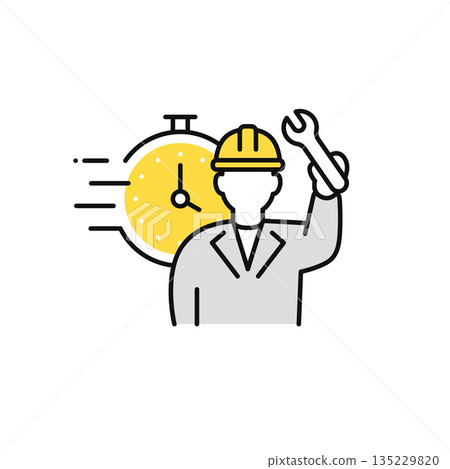 Simple vector icon illustration of a clock and a field worker 135229820