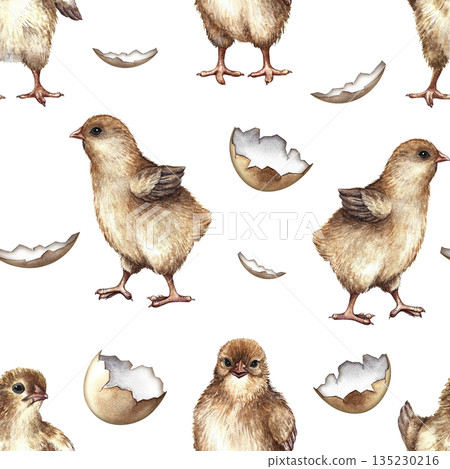 Seamless pattern with cute little chickens and eggshells. Hand-drawn watercolor illustration. Perfect for farm projects, Easter, textiles, packaging and labels, wallpaper, and more. 135230216