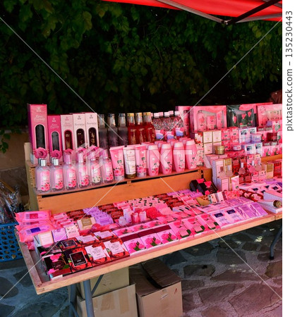 A stall selling rose-related products in Kazanlak, Rose Valley, Bulgaria A stall selling rose-related products in Kazanlak, Rose Valley, Bulgaria 135230443