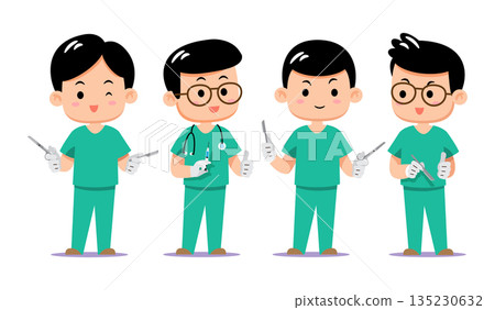 Cute cartoon set of asian male surgeons in green scrubs holding surgical tools. Friendly healthcare professionals flat vector illustration for medical design. Isolated on white background. 135230632