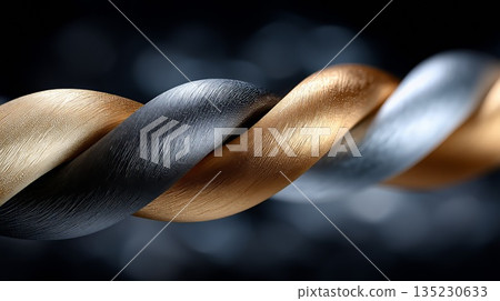 Metallic gold and silver wires intertwining, forming double helix pattern representing interconnected relationship against blurred dark backdrop with soft light bokeh 135230633