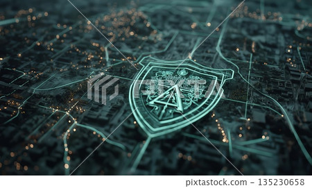 Futuristic digital shield hovering above a vibrant, illuminated cityscape, symbolizing the critical importance of cybersecurity and data protection within modern urban environments 135230658
