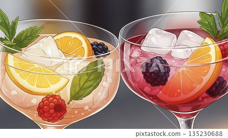 A stylish toast illustration with non-alcoholic cocktails 135230688