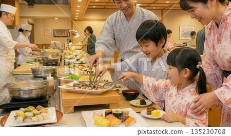 Family eating buffet-style dinner at a hot spring inn Hotel 135230708