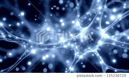 Blue neuron firing electrical signals across interconnected axons and dendrites, visualizing intricate neural communication and brain network connectivity Blue neuron firing electrical signals across interconnected axons and dendrites, visualizing intricate neural communication and brain network connectivity 135230729