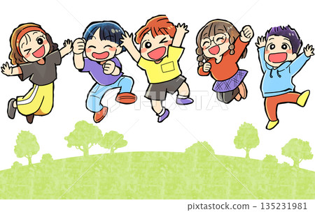 Children jumping in the field Children jumping in the field 135231981