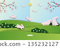 Happy Easter greeting card,celebrate theme on spring garden with rabbits family for banners,flyers,cards,social media or wallpaper 135232127
