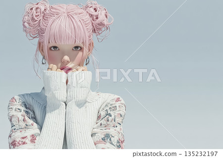 Emi gazing against a pale blue background | Eye-catching image of a woman with a lovely gesture 135232197