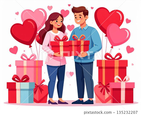 Illustration of a smiling couple surrounded by heart balloons and presents. Valentine's Day, White Day material 135232207