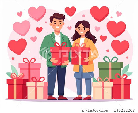 Illustration of a smiling couple surrounded by heart balloons and presents. Valentine's Day, White Day material 135232208