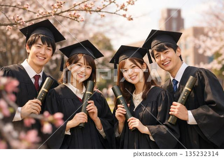 一位微笑的日本女大學生手持櫻花苞，手持畢業證書。 135232314