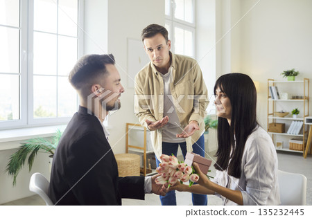 Emotional love triangle conflict with dramatic reactions during proposal 135232445