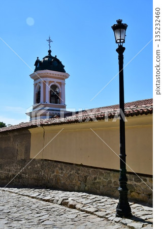 Bulgaria, Plovdiv, Church of the Holy Virgin, cobblestones, street lamp 135232460