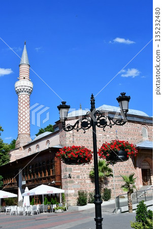 Bulgaria, Plovdiv, Dzhumaya Mosque, street lamps, hanging flowers, Rimski Stadion Square 135232480
