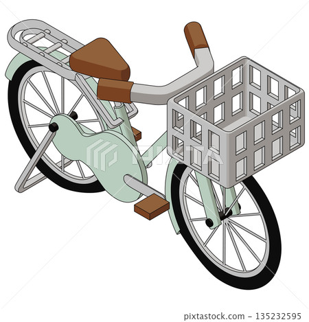 A simple vector illustration of a bicycle with a front basket. Isometric material. A simple vector illustration of a bicycle with a front basket. Isometric material. 135232595