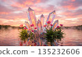 Surreal fantasy background with giant crystals and flowers in water. 135232606
