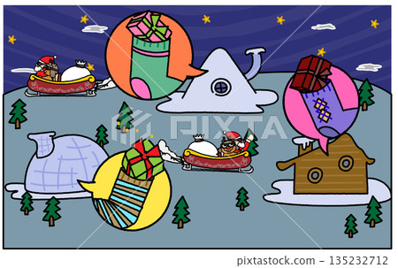 聖誕村莊插圖，禮物紛紛落下 135232712