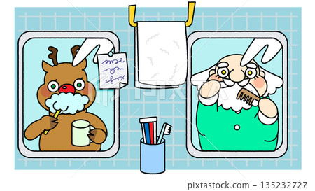 Illustration of Santa Claus and reindeer getting ready in the bathroom Illustration of Santa Claus and reindeer getting ready in the bathroom 135232727