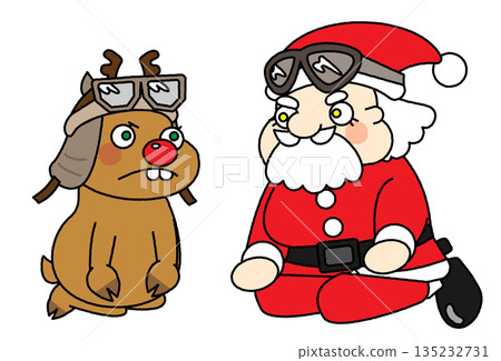 Illustration of Santa Claus and reindeer sitting with determination 135232731
