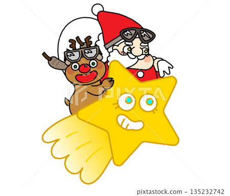 Illustration of Santa Claus and reindeer flying in the sky on a shooting star Illustration of Santa Claus and reindeer flying in the sky on a shooting star 135232742