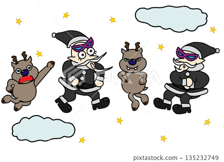 一幅描繪黑人聖誕老人和他的馴鹿在夜空中飛翔並製造惡作劇的插圖 一幅描繪黑人聖誕老人和他的馴鹿在夜空中飛翔並製造惡作劇的插圖 135232749