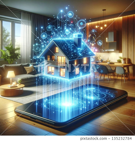 [AI-generated image] Smart home construction concept centered around a smartphone 135232784