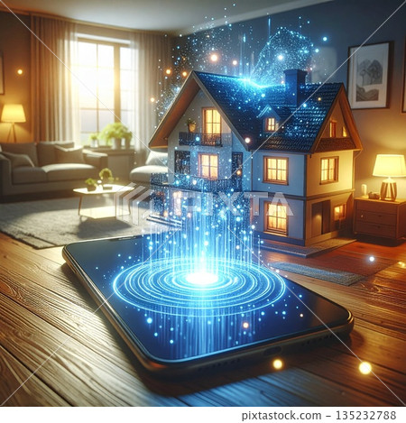 [AI-generated image] Smart home construction concept centered around a smartphone 135232788