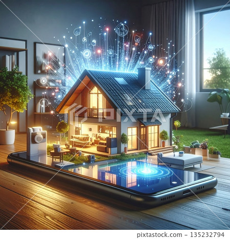 [AI-generated image] Smart home construction concept centered around a smartphone 135232794