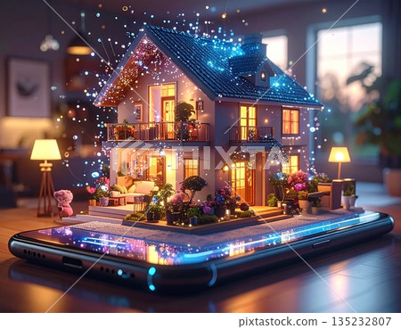 [AI-generated image] Smart home construction concept centered around a smartphone 135232807