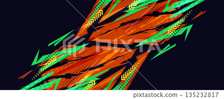 Energetic Abstract Sports Background with Sharp Orange and Green Brush Strokes and Halftone Pattern. Sport Banner or Poster Background Design 135232817