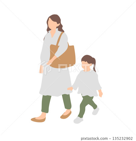 一位婦女和她的孩子並肩走著 一位婦女和她的孩子並肩走著 135232902