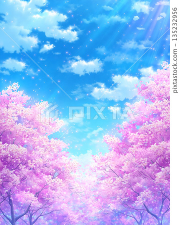 動漫風格的藍天和櫻花樹AI影像 135232956