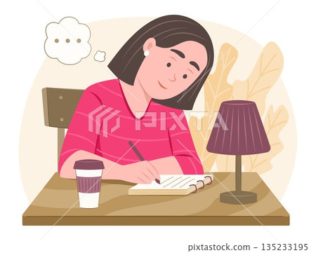 Young Woman Writing on Notebook while Thinking Good Idea for Education, Hobby and Leisure Concept Illustration Young Woman Writing on Notebook while Thinking Good Idea for Education, Hobby and Leisure Concept Illustration 135233195
