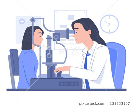 Ophthalmologist Eye Doctor Uses a Slit Lamp Biomicroscope to Examine the Eyes of a Patient in an Ophthalmology Clinic for Eye Health Check-Up, Visual Acuity Test and Vision Healthcare Concept 135233197