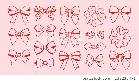 Abstract red hair accessories on pink background. Set of bows, ties and clips. Vector illustration Abstract red hair accessories on pink background. Set of bows, ties and clips. Vector illustration 135233471