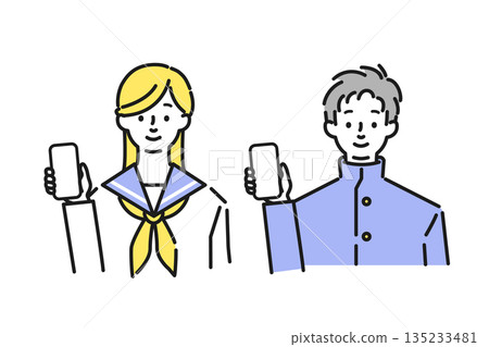 Men and women wearing sailor suits and school uniforms holding smartphones 135233481