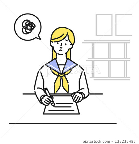 一個穿著校服的女孩正為考試而擔憂 135233485