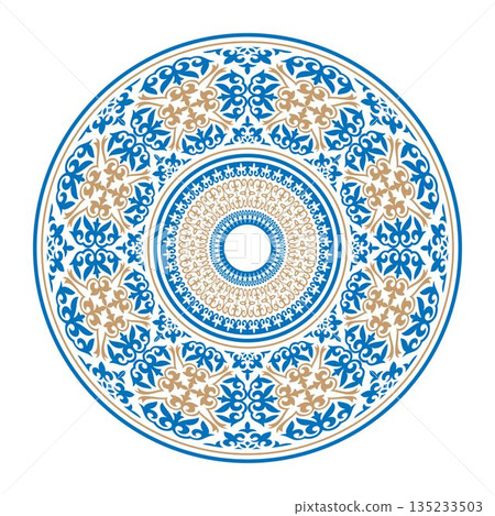 Decorative porcelain plate in oriental style. Round golden blue frame with oriental pattern. Muslim, Arabic, Indian, ottoman, persian motive. Mediterranean ceramic, embroidery, plate, embroidery. 135233503