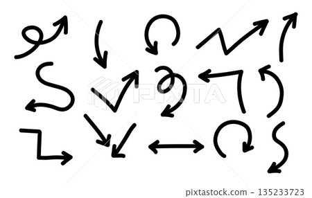 Hand drawn black curved and swirl arrows doodle sketch Hand drawn black curved and swirl arrows doodle sketch 135233723
