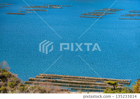 Seto Inland Sea and oyster rafts Seto Inland Sea and oyster rafts 135233814
