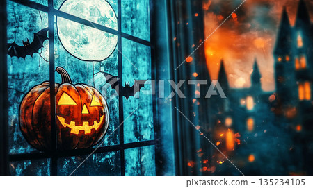 夜幕下的萬聖節南瓜和城堡 AI圖像 135234105