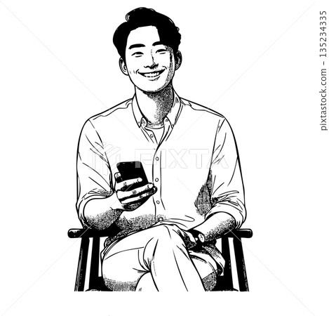 A man is sitting in a chair and holding a cell phone 135234335