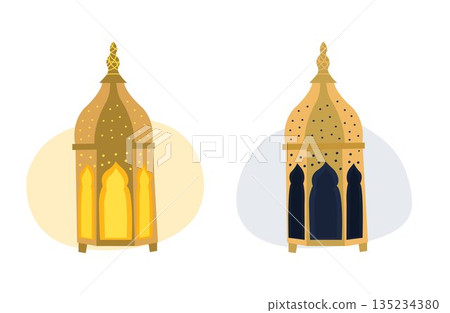 Golden Ramadan lanterns illustration day and night 135234380