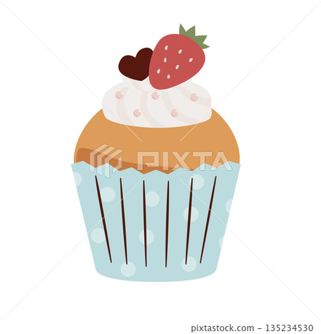 Illustration of a cupcake topped with strawberries and heart-shaped chocolate 135234530