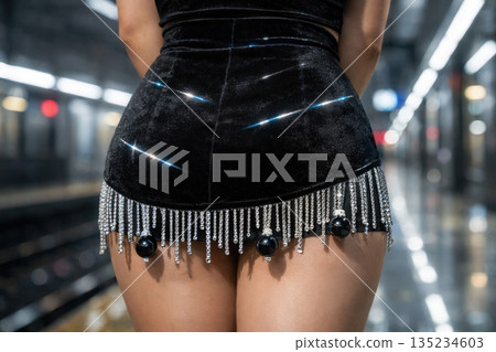 Woman Wearing Black Velvet Mini Skirt With Rhinestone Fringe In Subway Woman Wearing Black Velvet Mini Skirt With Rhinestone Fringe In Subway 135234603